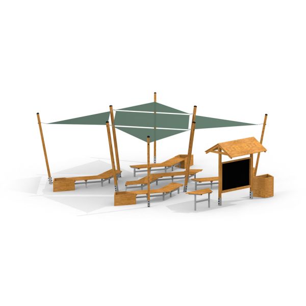 salle de classe extérieure en bois avec bancs