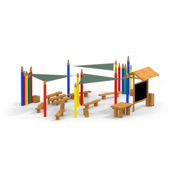 salle de classe extérieure en robinier avec bancs et pare-soleil