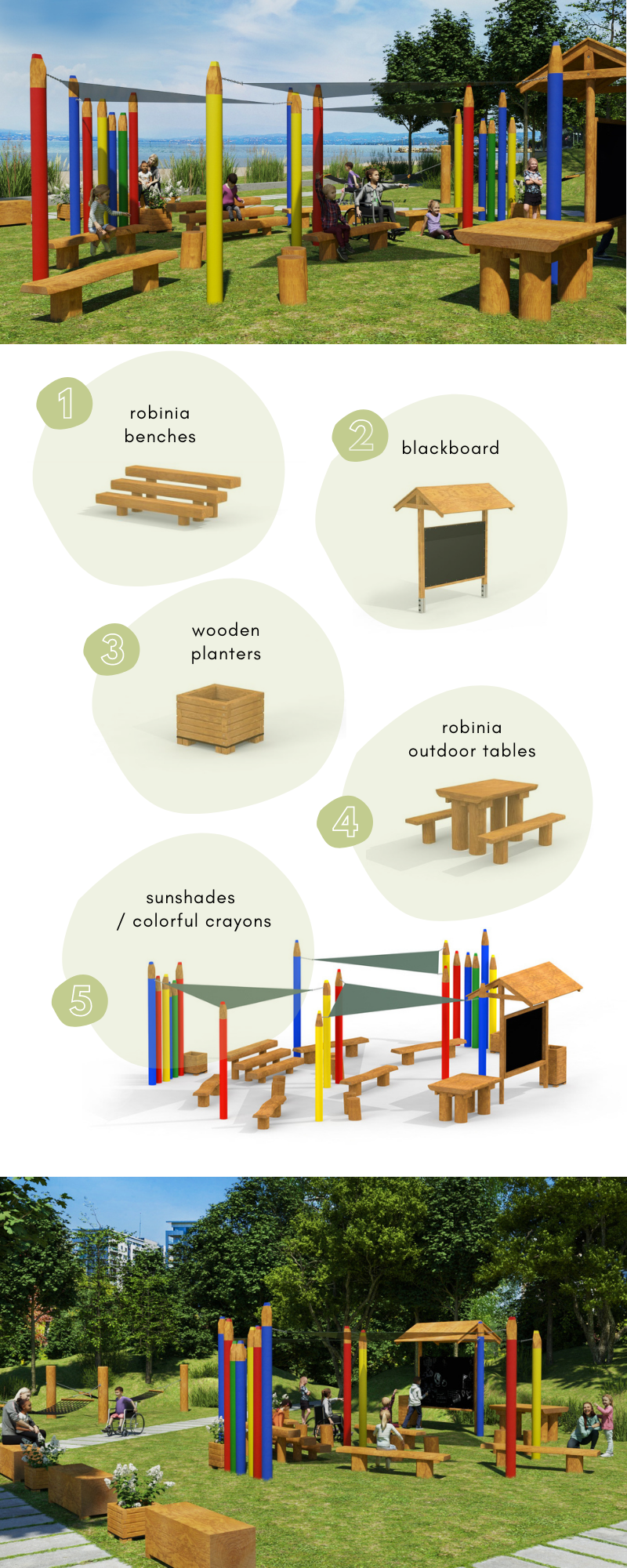 mobilier en bois pour salle de classe extérieure