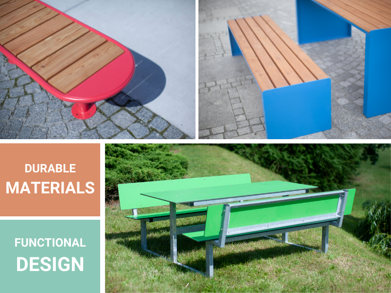 bancs de ville en acier avec sièges en bois