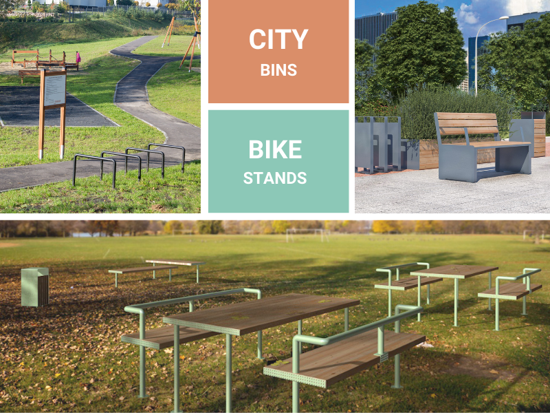 poubelles de parc et racks à vélos dans l'espace urbain